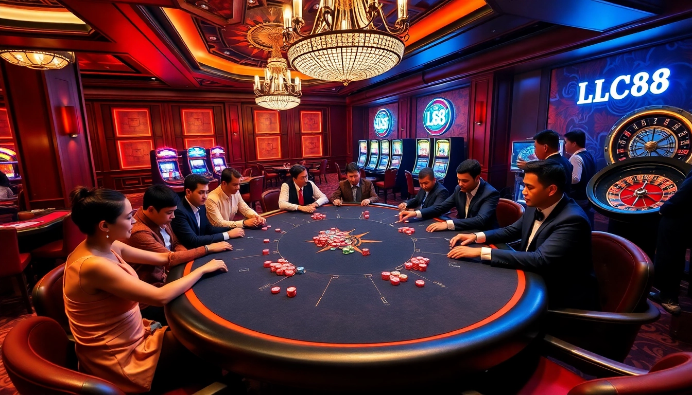 Players enjoying a high-stakes game at LC88 casino, showcasing excitement and professional gambling.