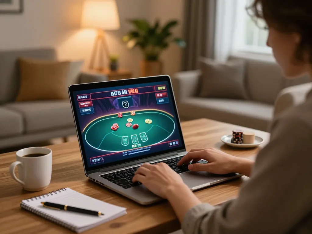 Engaging online poker player analyzing strategies at https://suncity.global/ in cozy living room.