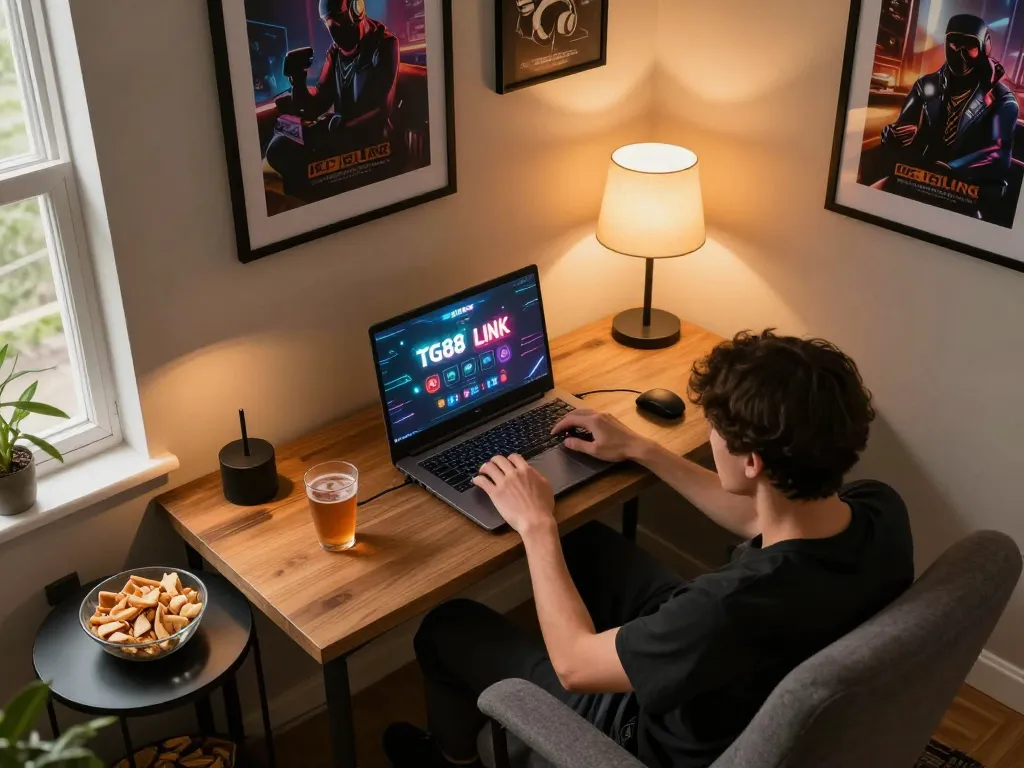 Engaged player using TG88 LINK on laptop in cozy gaming setup, immersive online gambling experience.