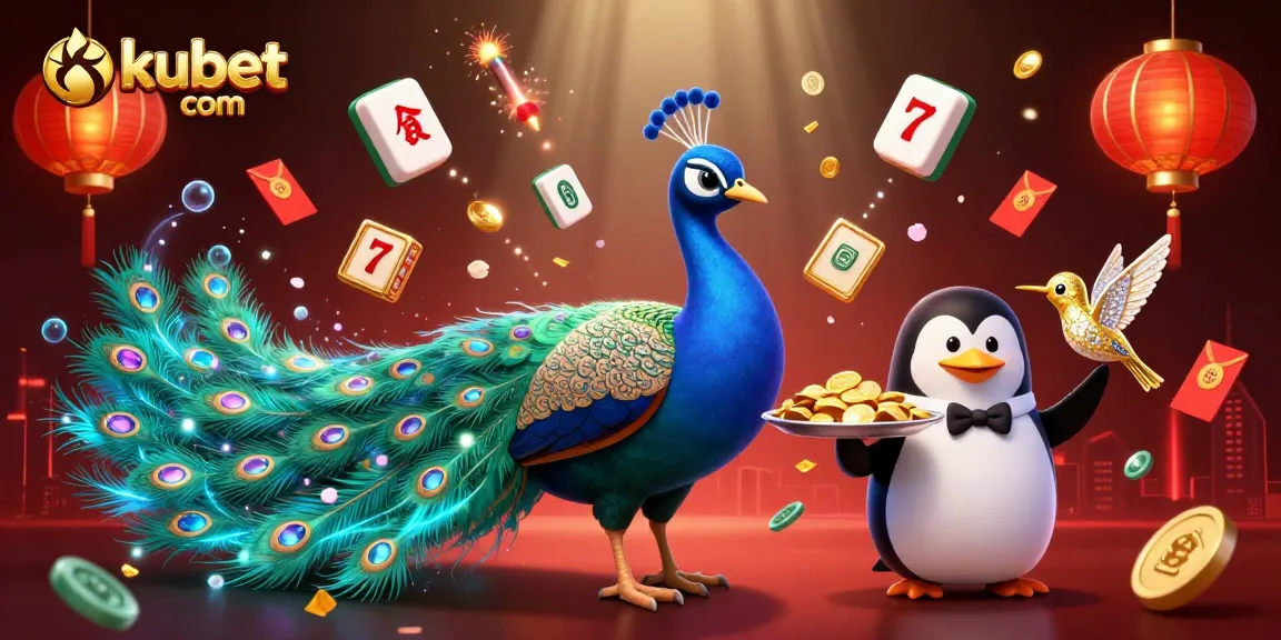 Experience the thrill of kubet com with vibrant casino action featuring animated peacock, butler penguin, and treasures.