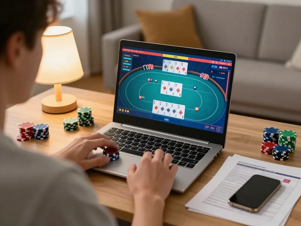 Engaging in strategic online poker with DA88 gameplay on a laptop in a cozy home setting