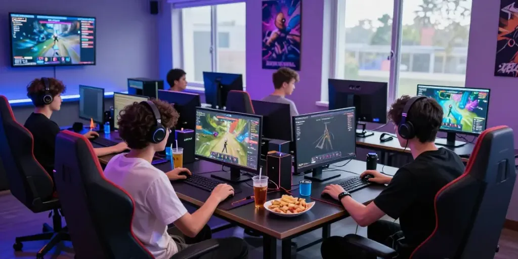 Engaged gamers in a vibrant online gaming setup highlighting rokok88 slot login.