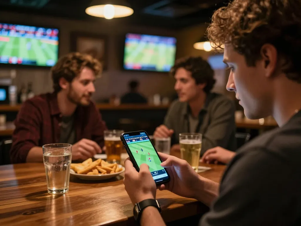 Savvy bettor using smartphone for soi keo nha cai analysis in lively sports bar atmosphere