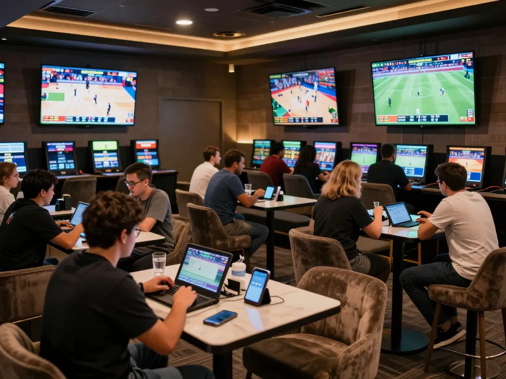 Engaging patrons in a stylish sportsbook lounge using NET88 for live betting on various sports events.