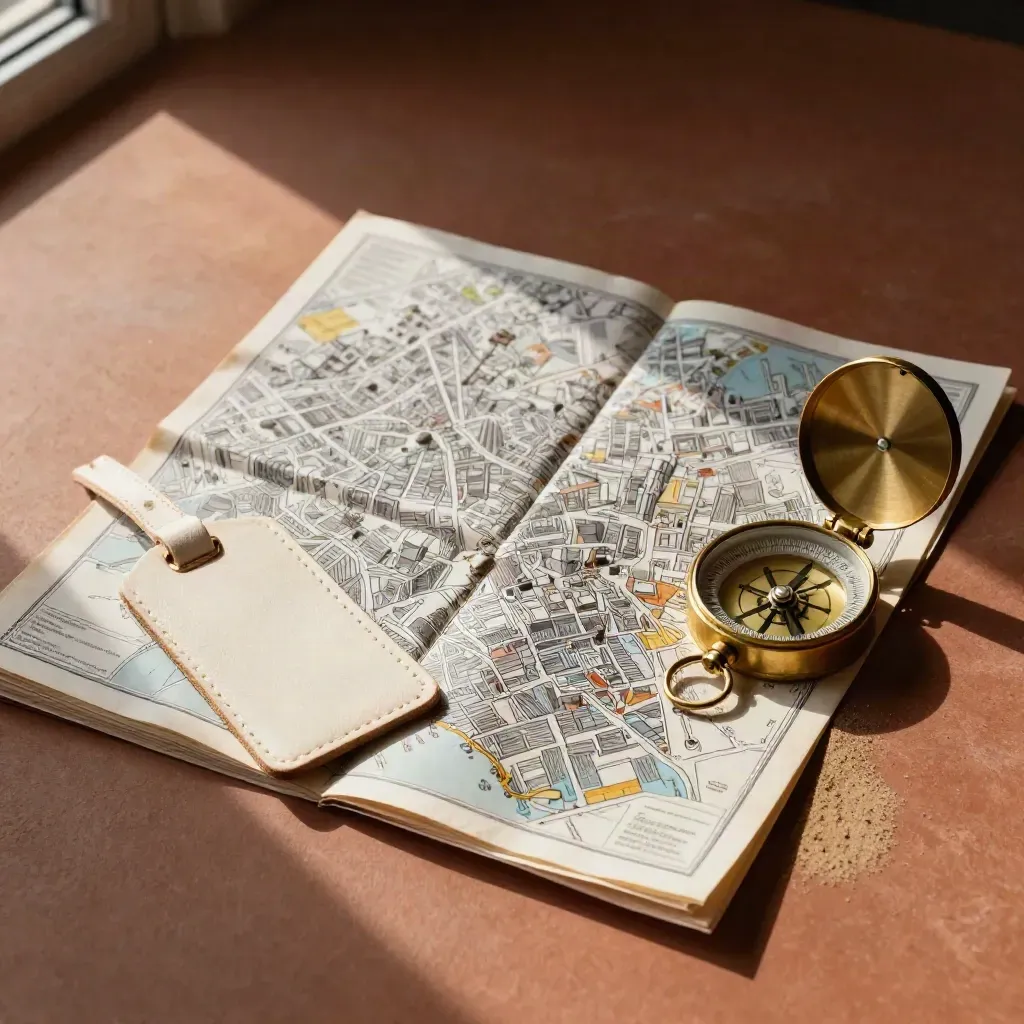 Mappa piegata, etichetta bagaglio e bussola in ottone su superficie terracotta, luce calda.