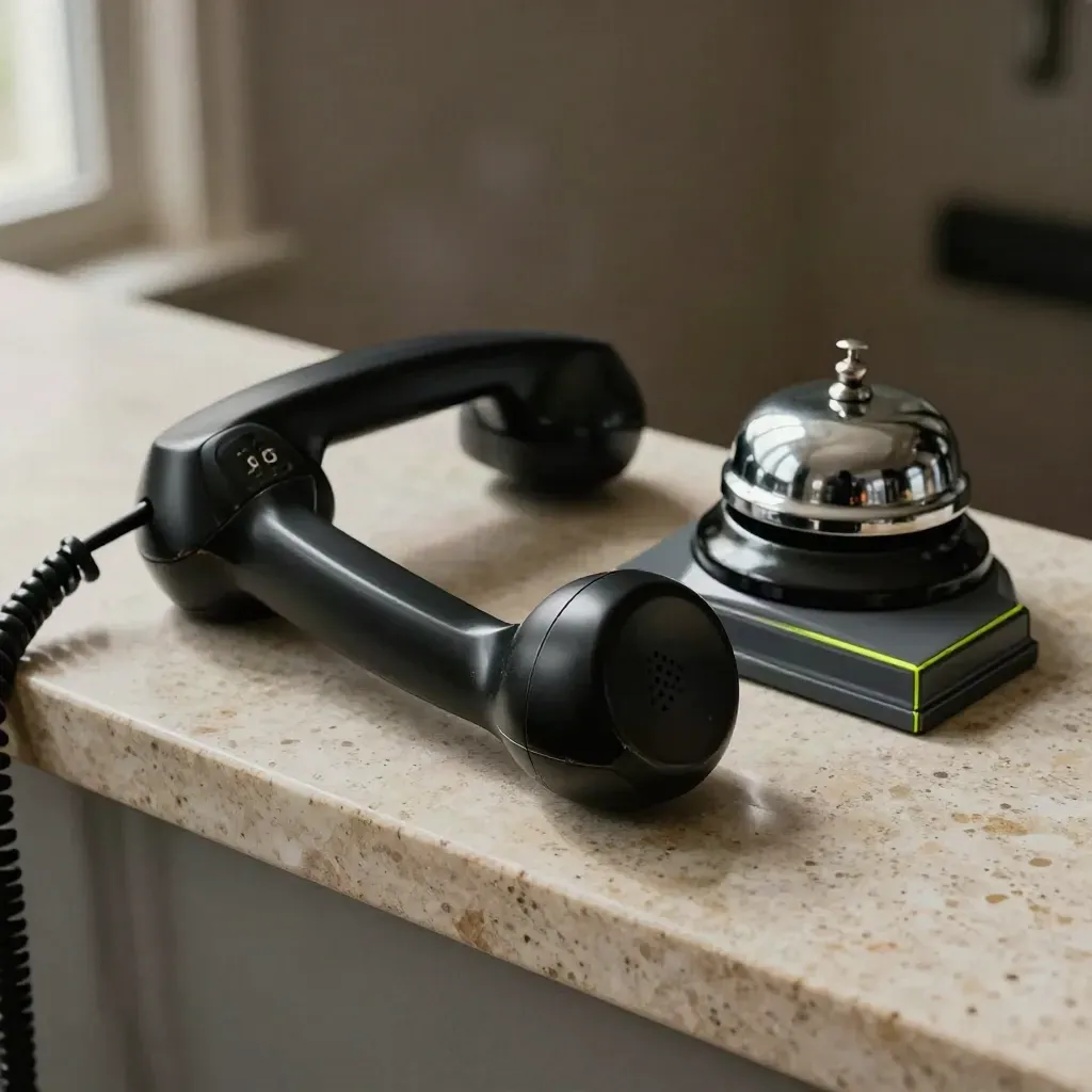 Telefono retrò, portacarte laccato e campanello su ledge in travertino, luce drammatica.