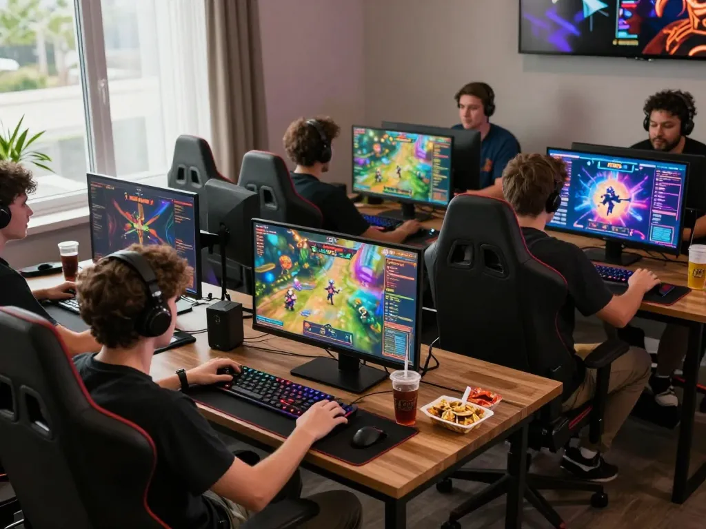 Engaged players experiencing 789club tải in a vibrant online gaming environment, with colorful displays and snacks creating an exciting atmosphere.