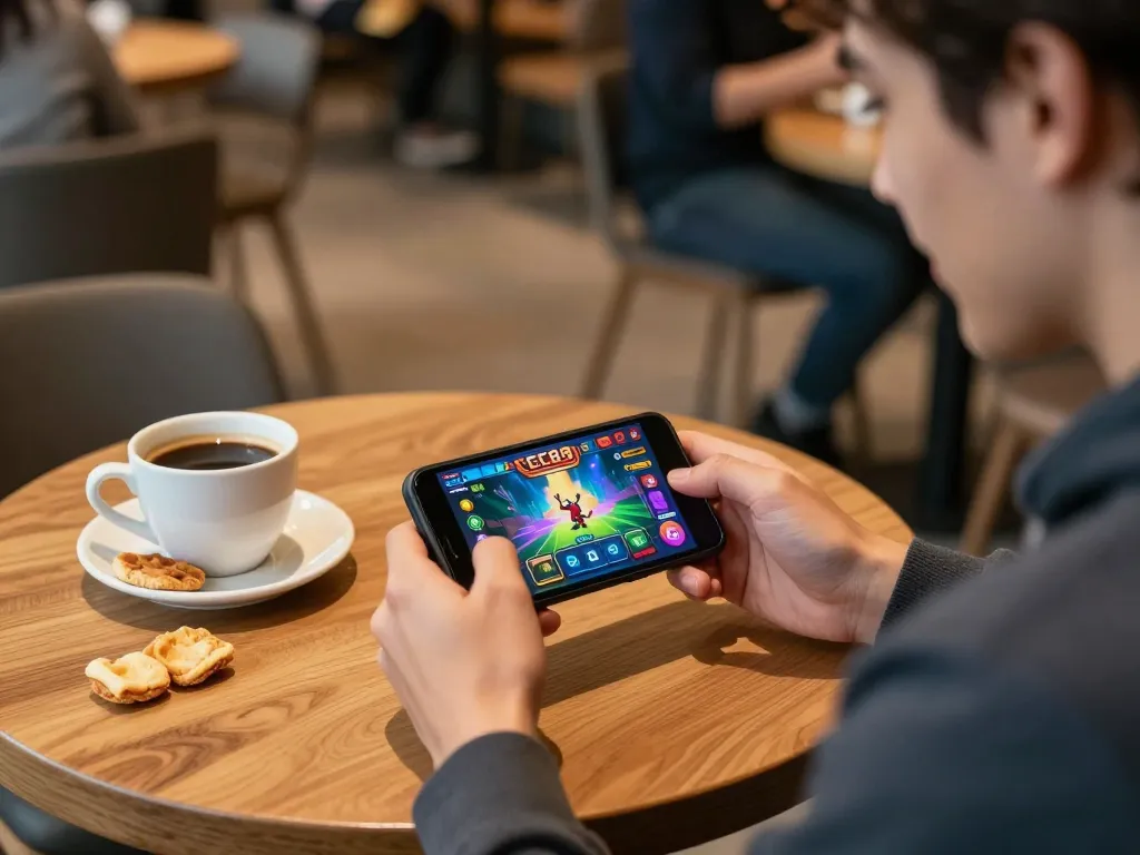 Enjoying SC88 Game on mobile device in trendy café with vibrant gameplay and snacks.