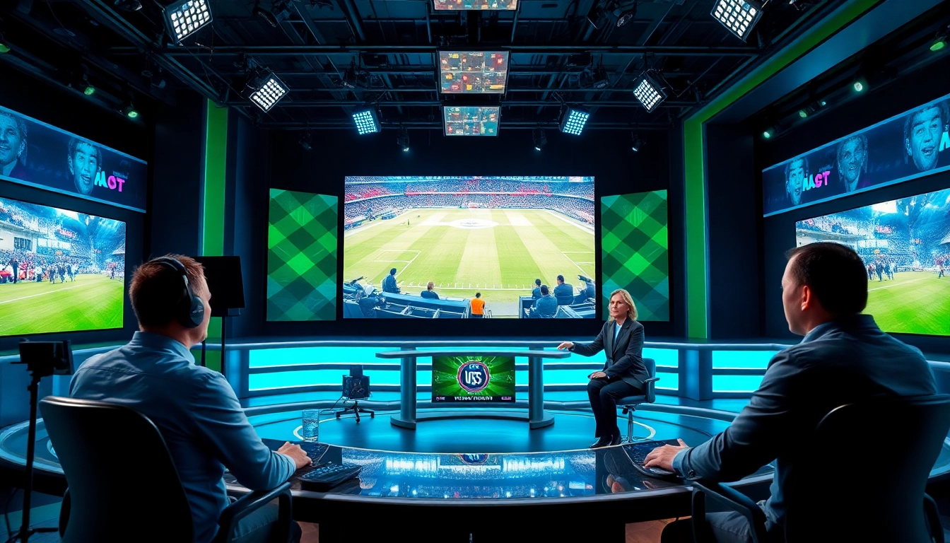 Sports Broadcasting presenters engaging in a vibrant studio discussion with live footage behind.