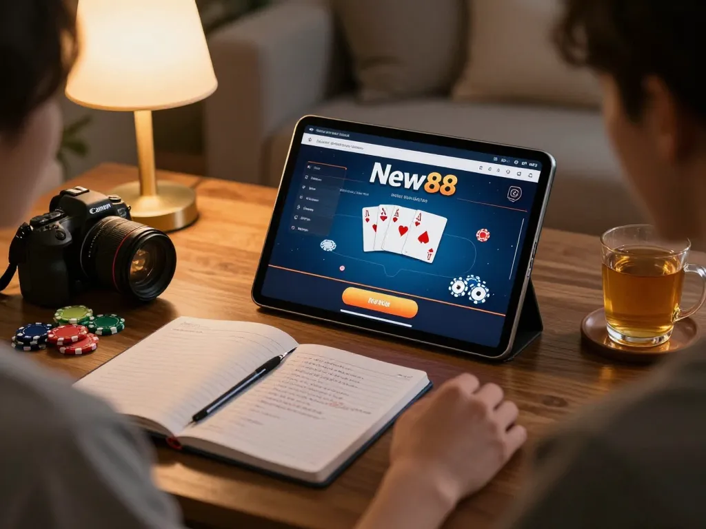 Engaged player using New88 nhà cái app for an exciting online poker session, with strategy notes visible.