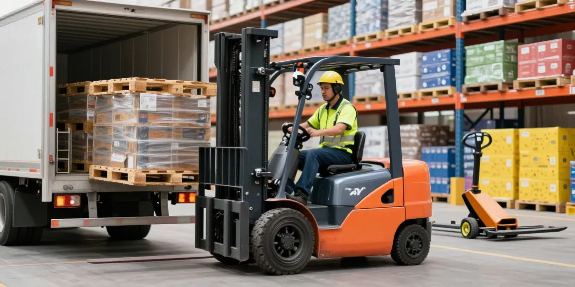 Electric forklift loading pallets in a busy warehouse, demonstrating efficiency and modern logistics.