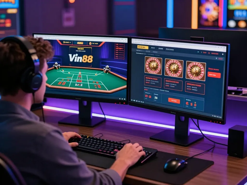 Player engaging in strategic gameplay at Vin88's live blackjack table on dual screen setup
