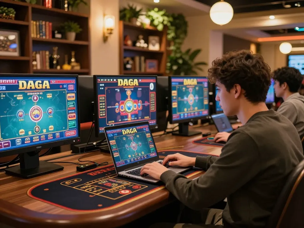 Daga online gameplay session at home desk with laptop screen showing live casino action