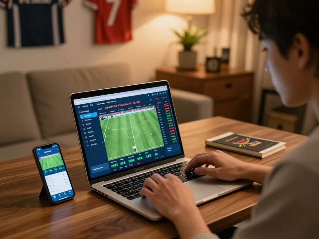 Engaging in kèo bóng đá trực tuyến betting on a laptop, showcasing live odds and personal strategy.