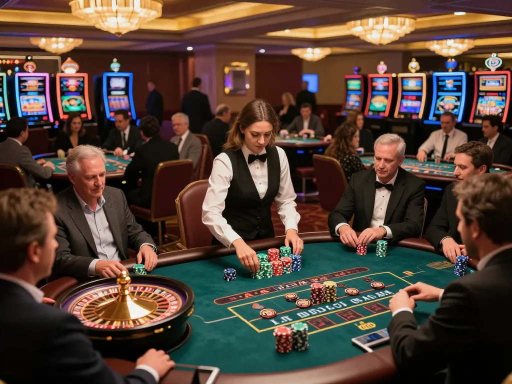 View of players enjoying games at F168's lively casino floor, featuring poker and roulette tables