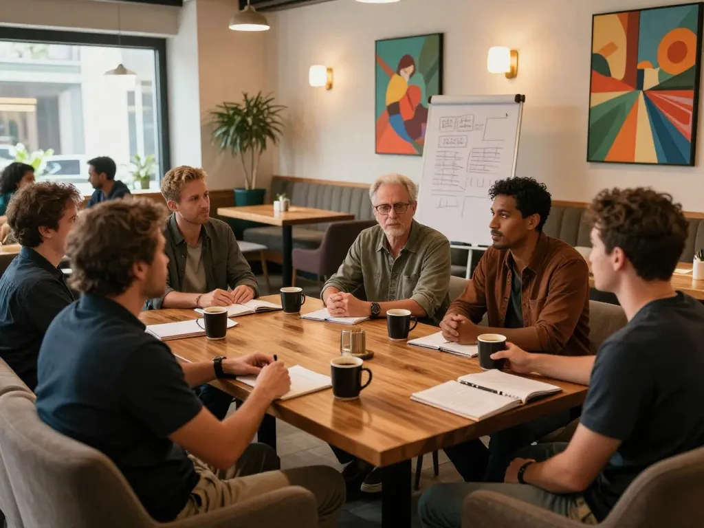 Supportive environment at a man club meeting fostering open discussions among men.