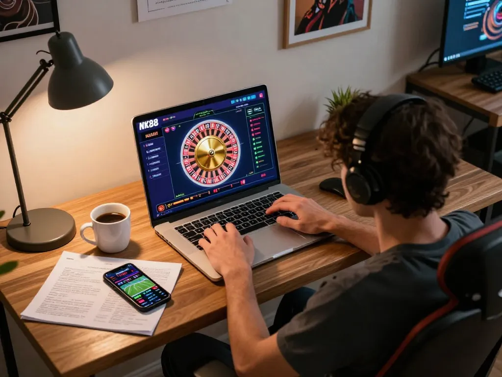 Navigating NK88 online casino from cozy home setup with laptop and betting notes