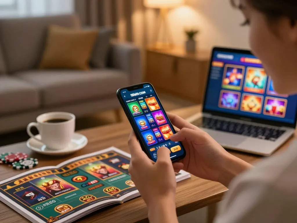 Player enjoying games on 98win com app in a cozy home setting with vibrant graphics.