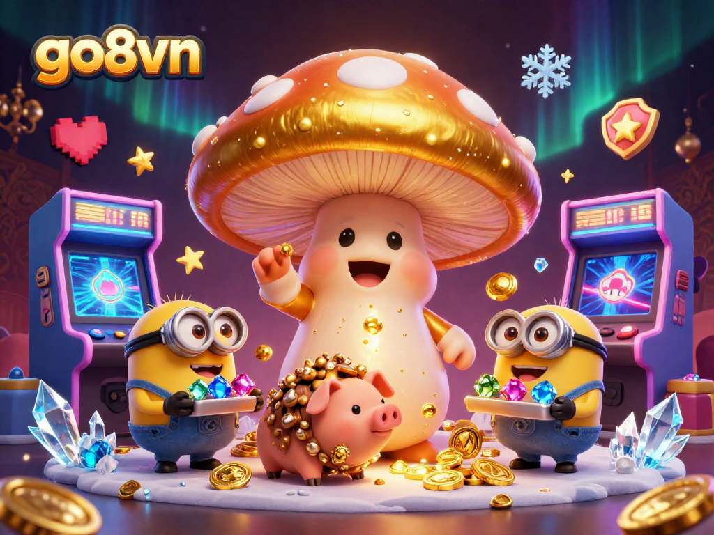 Experience thrilling wins at go8vn, showcasing a whimsical 3D casino scene filled with magic and treasures.