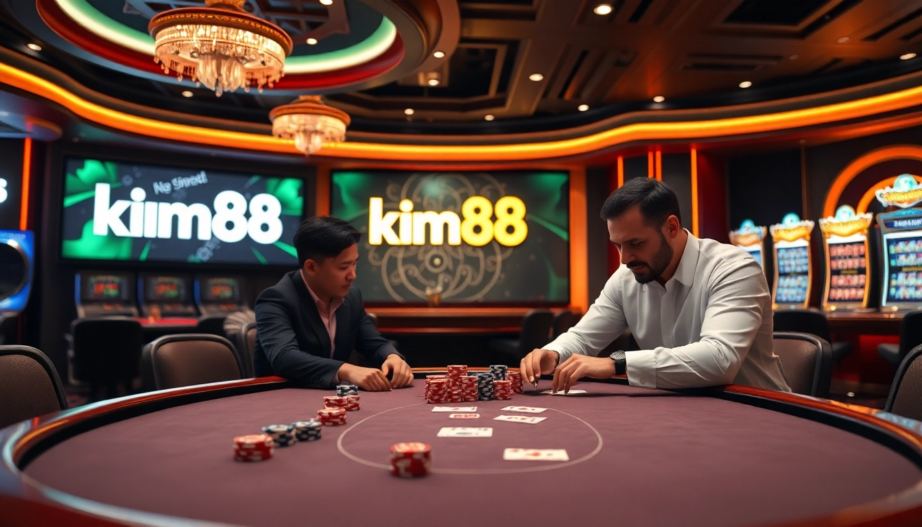 Players engaged at a luxurious km88 poker table amidst vibrant casino excitement.