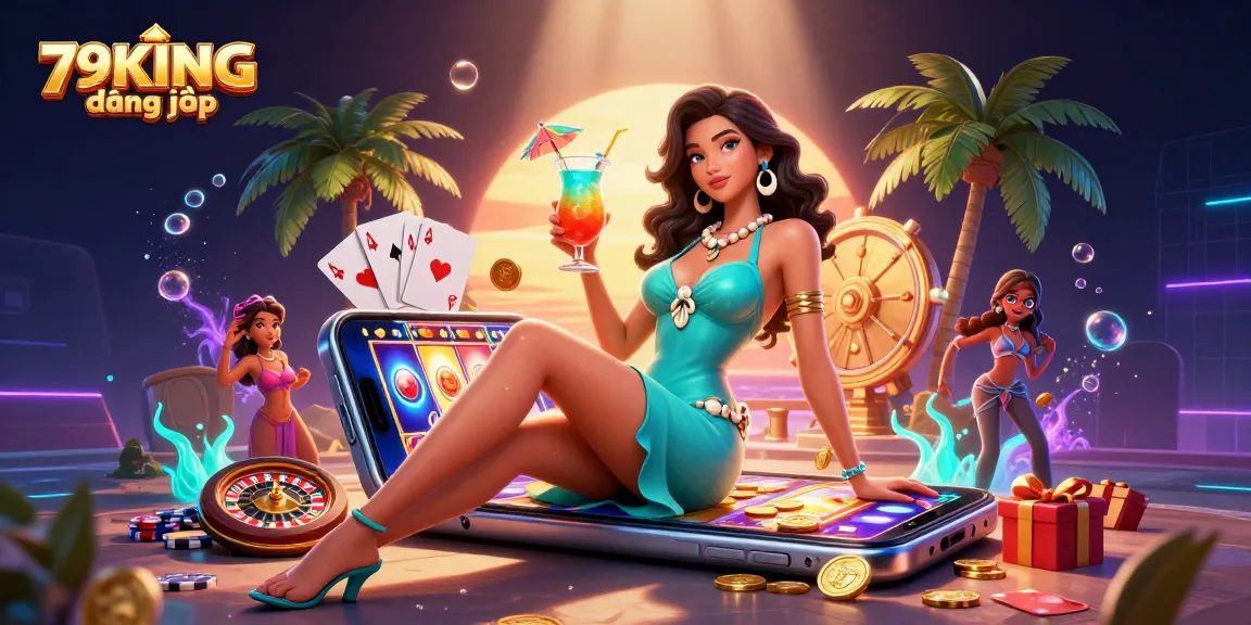 Experience the thrill of gaming with 79KING đăng nhập as gold coins and cards surround a glamorous player.