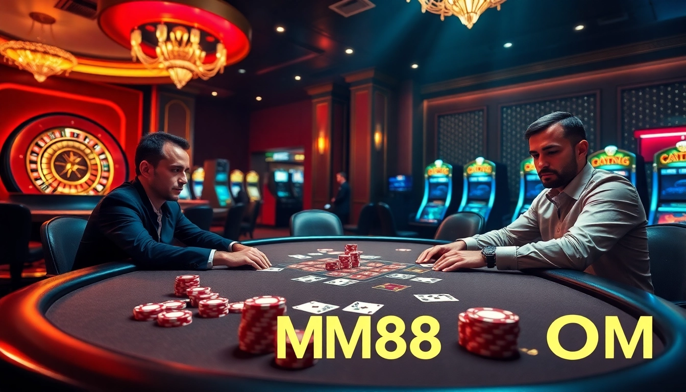 Experience high-stakes poker at MM88 COM, featuring intense concentration and vibrant casino lights.