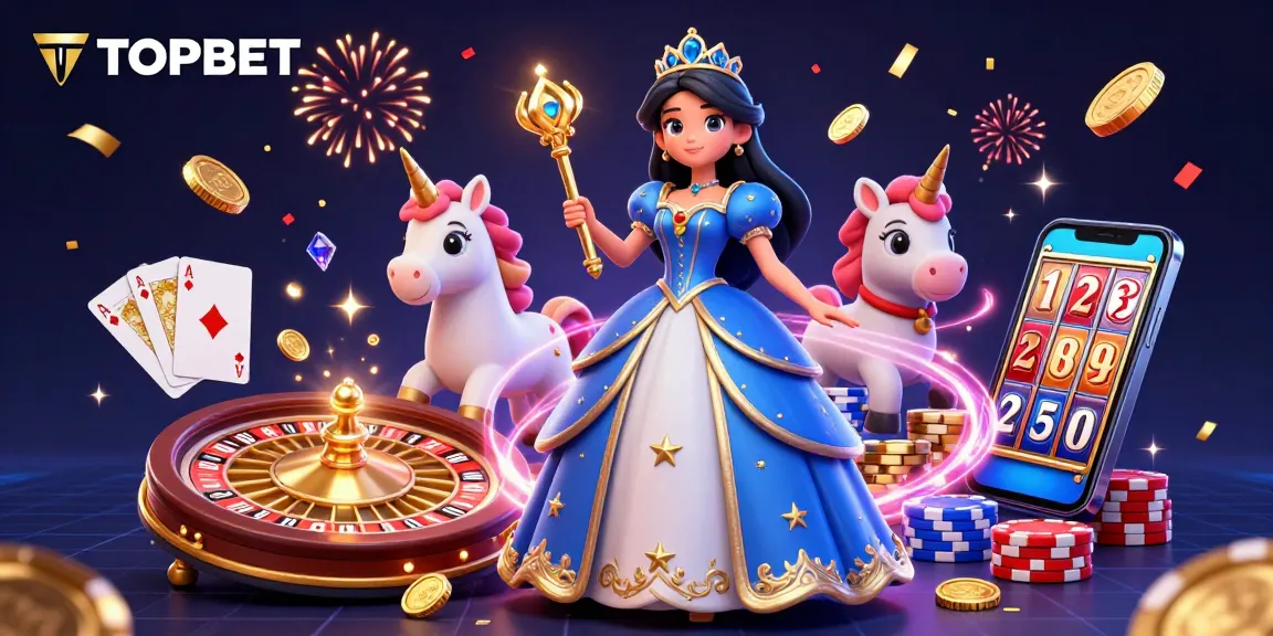 Experience thrilling slots action with TOPBET featuring a glamorous woman and a magical unicorn surrounded by casino elements.