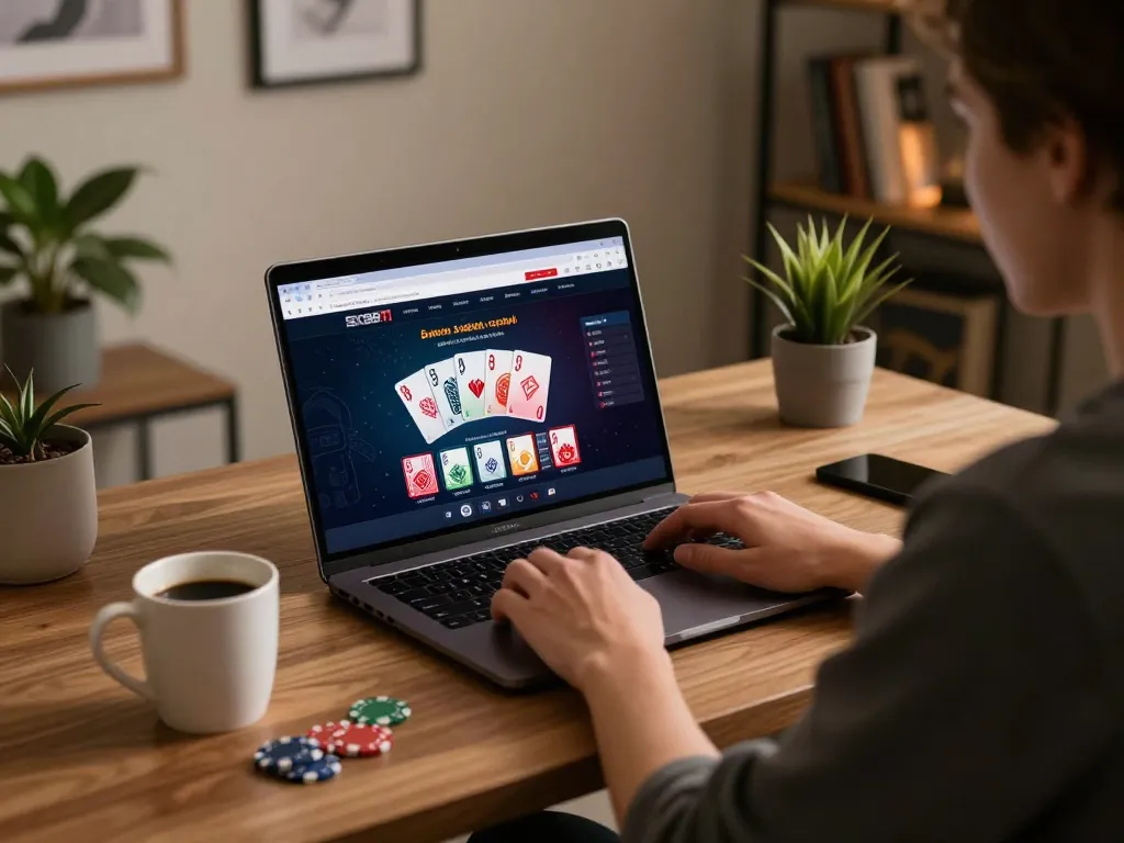 SX88T1 player engaging in online gambling on laptop at home, promoting responsible gaming.
