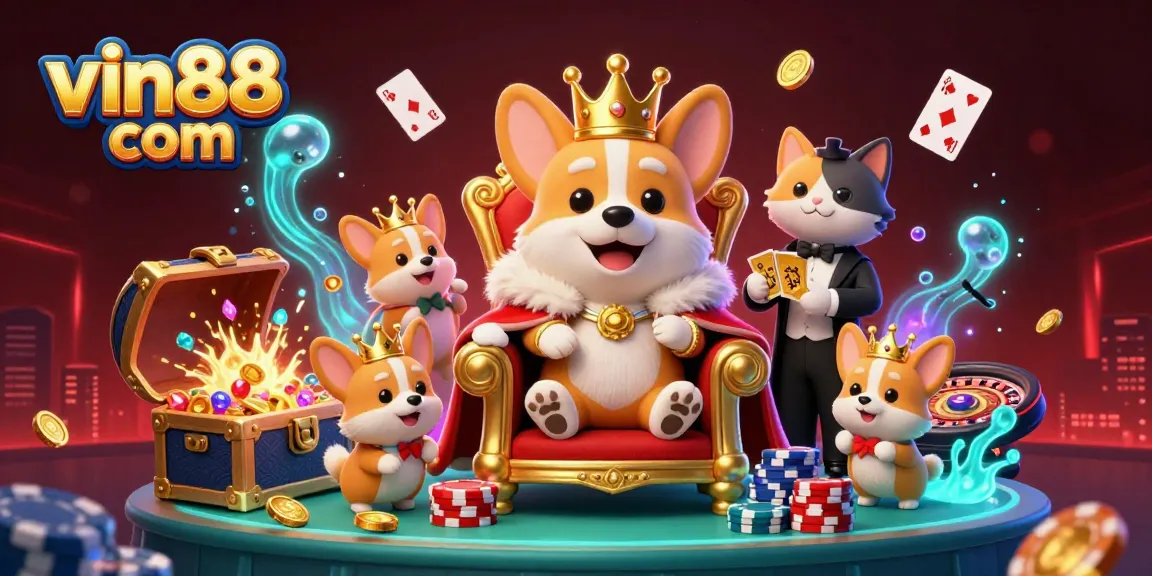 Experience the thrill of vin88 com as a regal corgi reigns atop poker chips surrounded by vibrant casino elements.