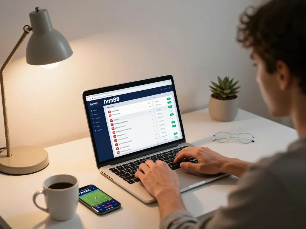Engaging in sports betting on hm88 with a modern laptop interface and warm home atmosphere