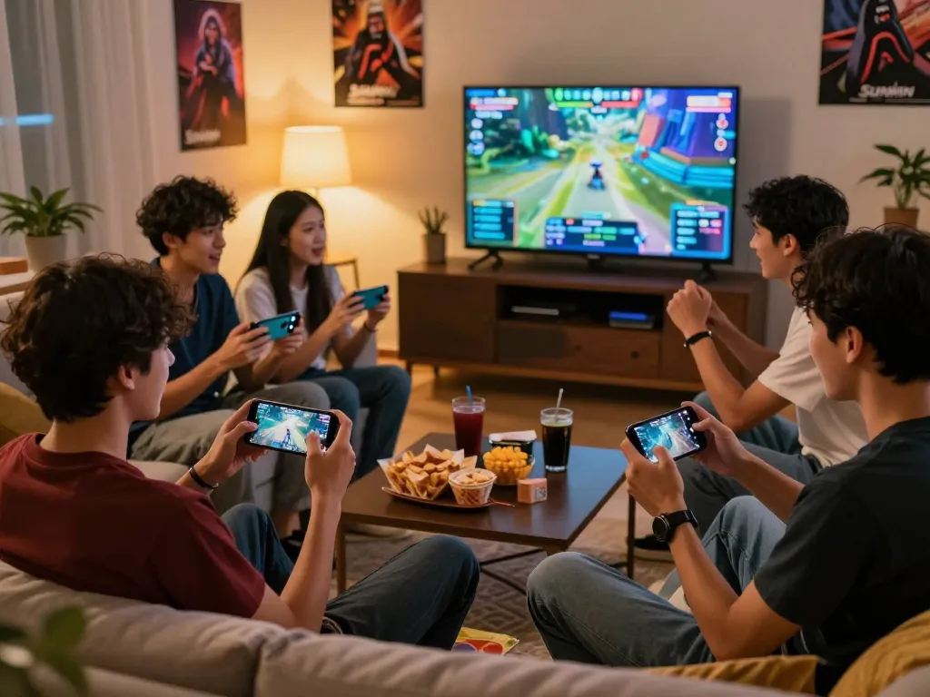 Friends engaging in an online gaming session with tải sun win in a cozy living room, surrounded by excitement and snacks.