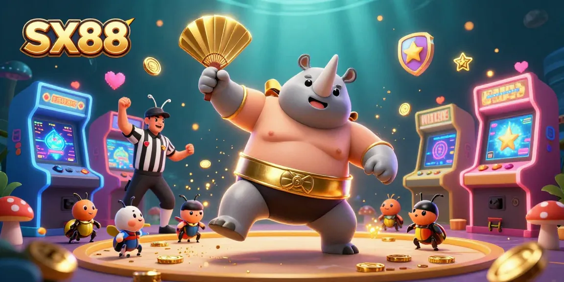 SX88 players winning big with colorful arcade elements and casino gold, celebrating vibrant gameplay.