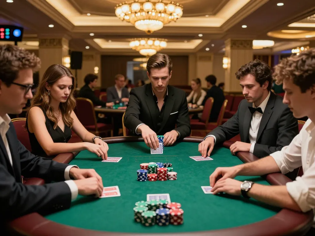 Players engaging in a thrilling poker game at DA88 with beautiful casino ambiance.