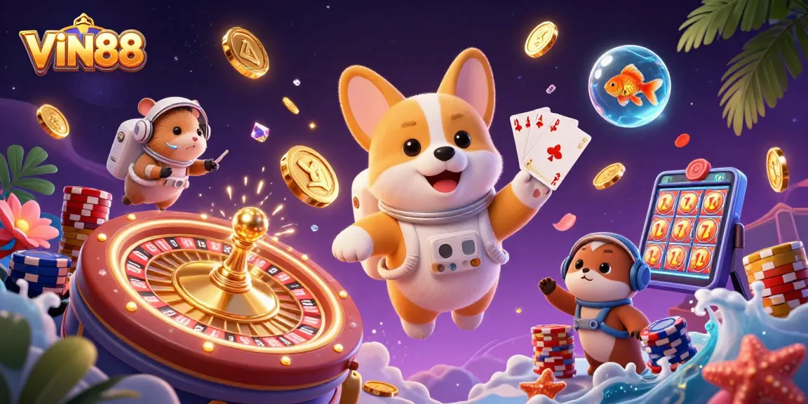 Experience thrilling games at VIN88 with a cartoon astronaut, poker action, and floating riches.
