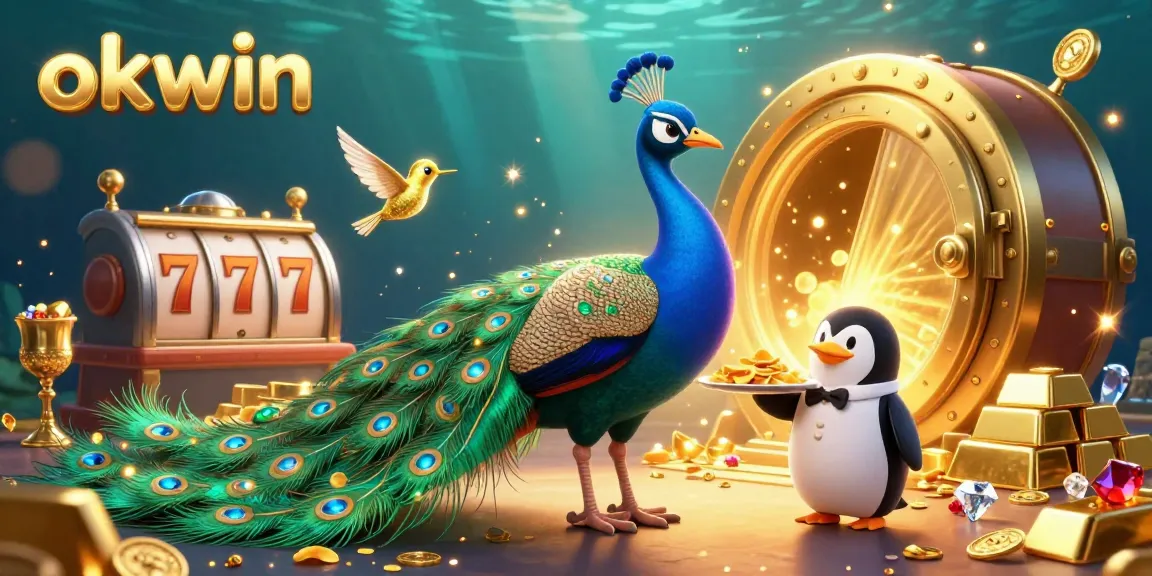 Join the excitement at okwin with an aristocratic peacock and friends, showcasing vibrant casino treasures.