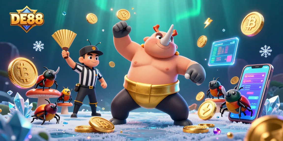 Watch the DE88 champion beetle stomp and scatter coins in a vibrant casino scene.
