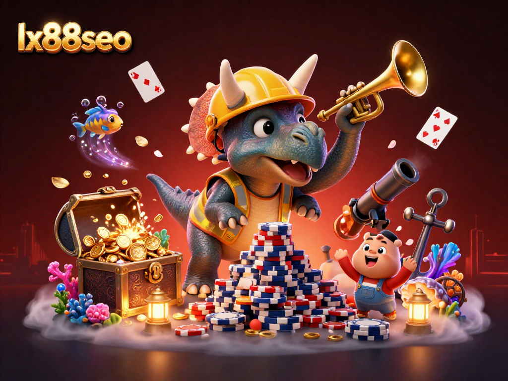 Experience the excitement of lx88seo with cheerful dinosaurs building poker chips amidst glowing underwater treasures.