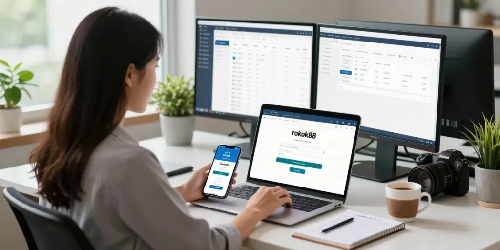 Young professional using rokok88 login on a laptop in a modern home office