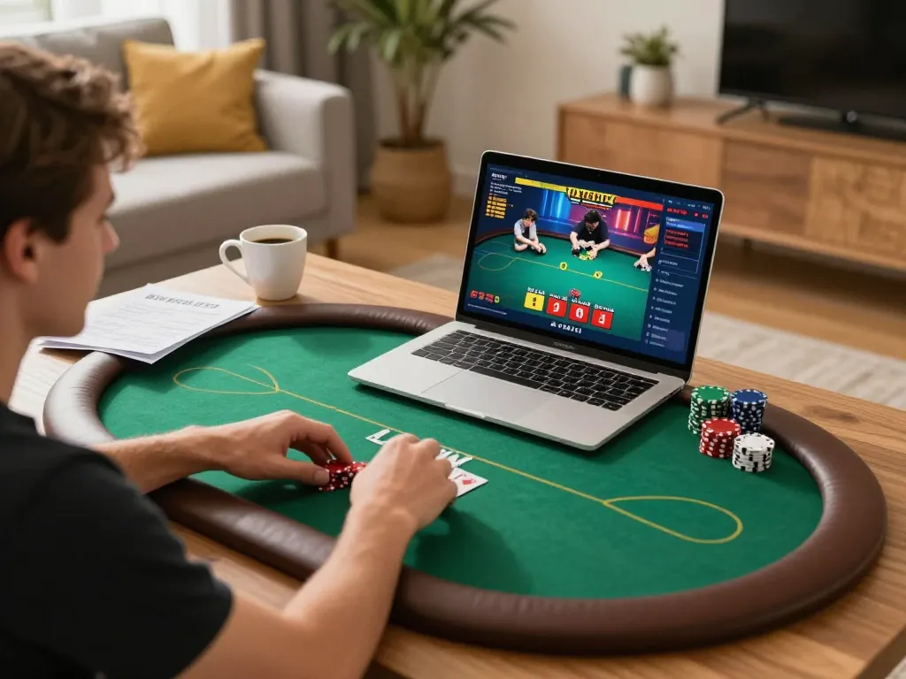 Player engaging with an exciting lc88 link poker game at home, showcasing a cozy environment and strategy elements