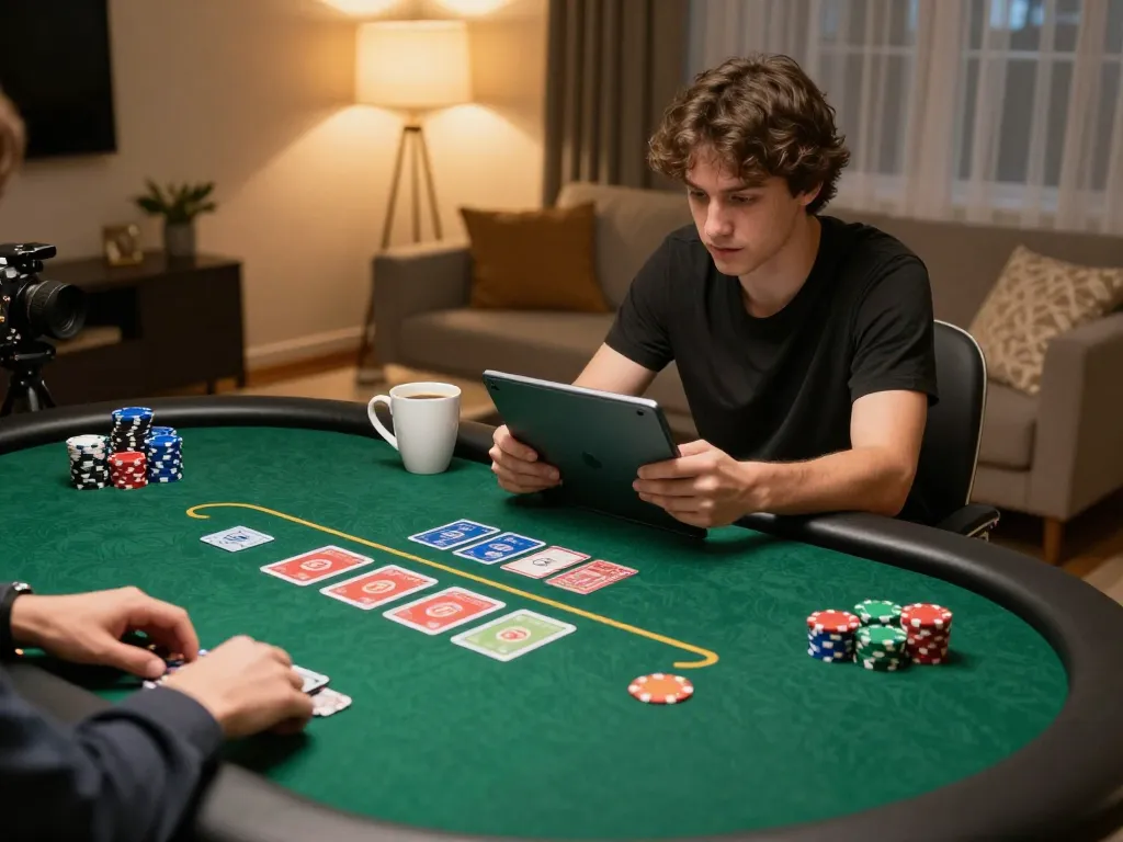 Player engaging in an online poker game at home with uu88vip interface visible.