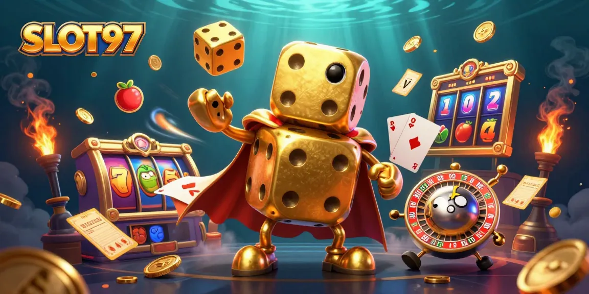 SLOT97 offers an exciting slots experience featuring golden dice, slot reels, and vibrant casino elements.