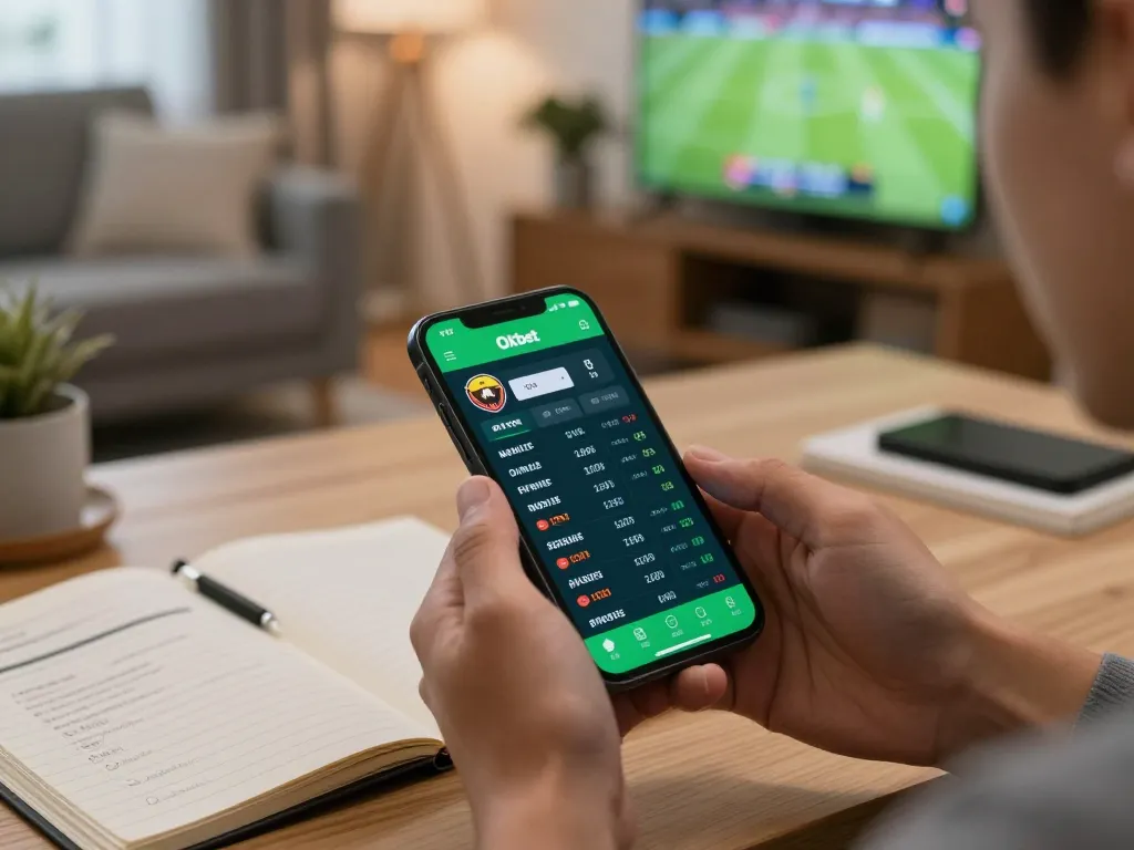 Engaging online sports betting scene with hands using the Oxbet app, showing live odds and statistics.