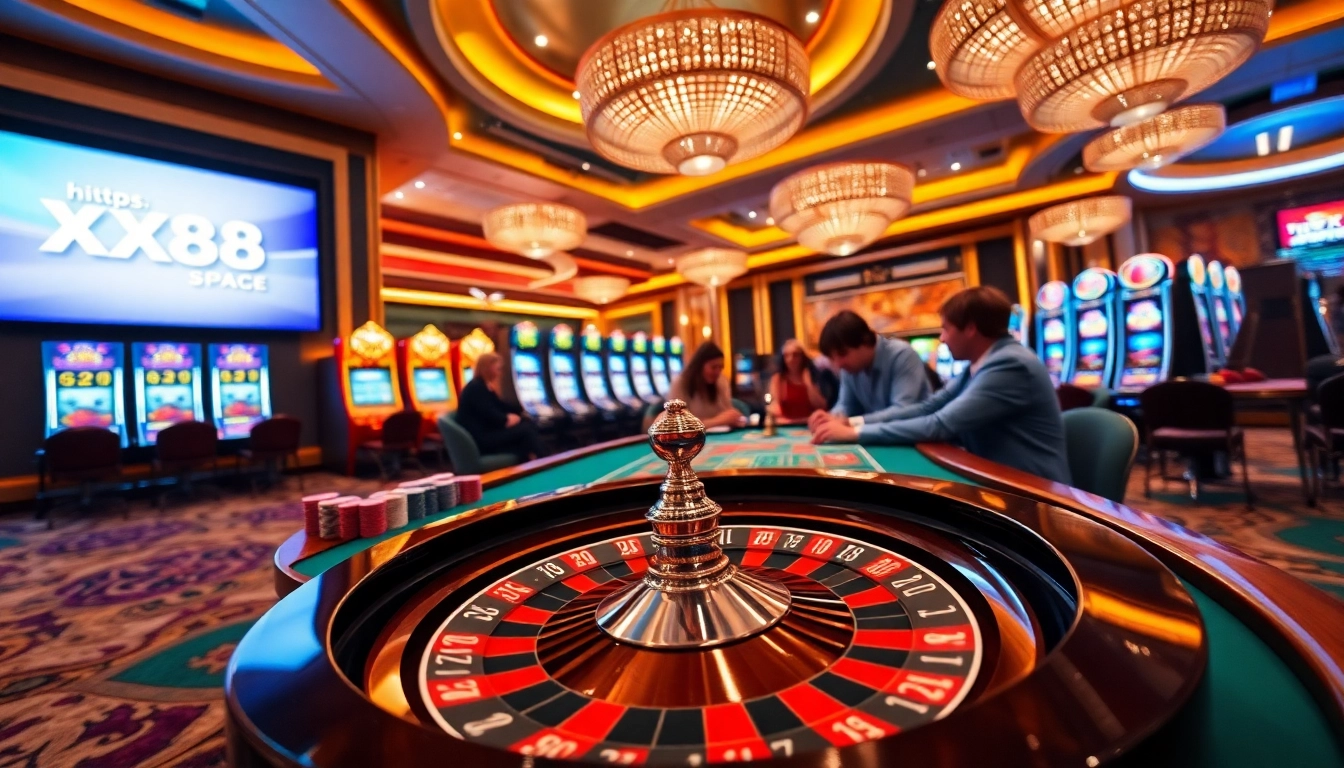 Experience thrilling gameplay at https://xx88.space/ with a vibrant casino scene featuring poker chips and a roulette wheel.