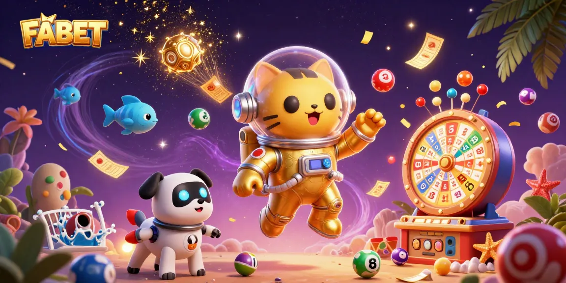 Experience the excitement of FABET with a vibrant 3D illustration of a cartoon astronaut cat and dynamic casino-themed elements.