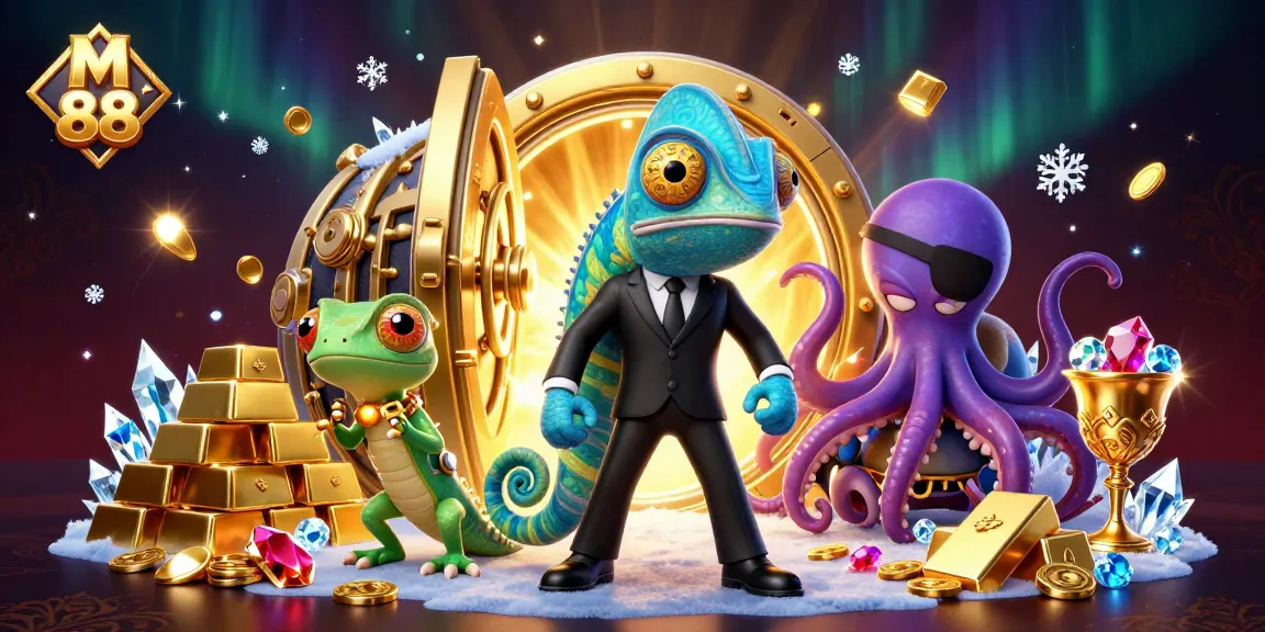 Experience the excitement of M 88 with a colorful illustration of a chameleon, tech-savvy gecko, and octopus amidst casino treasures.