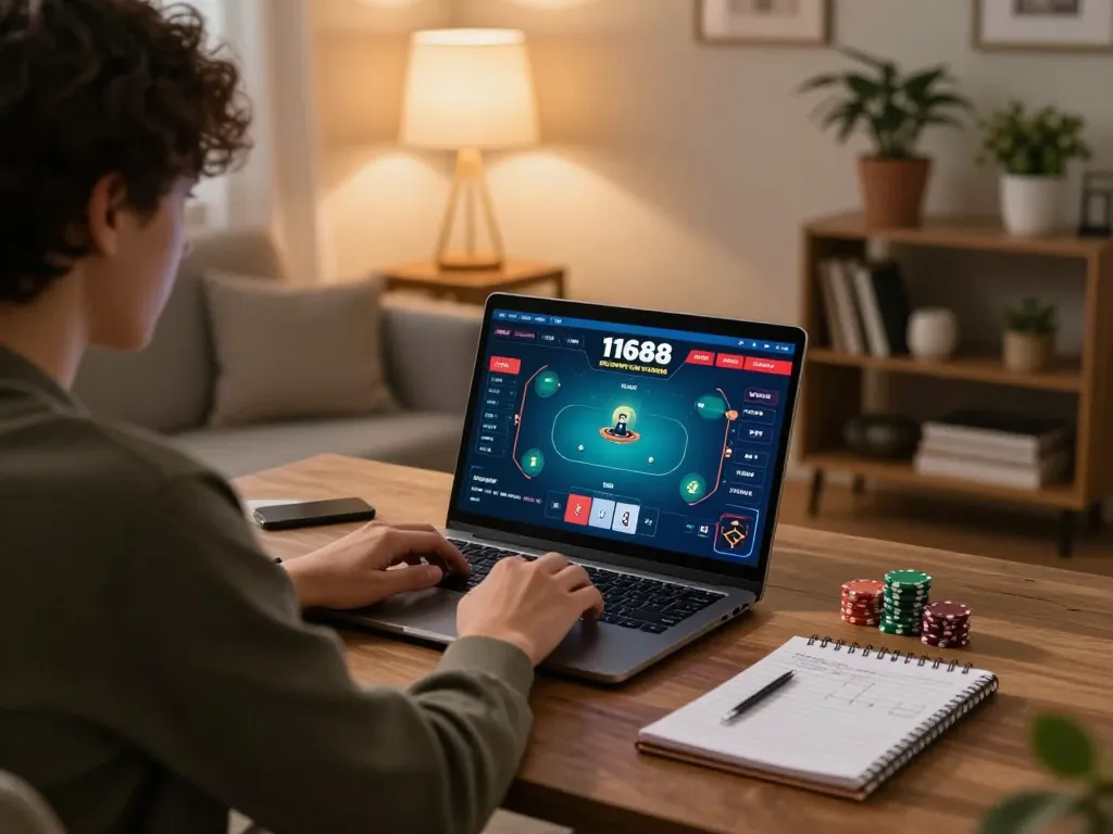 Engaged online poker gameplay on f1688 platform in a cozy home setting.