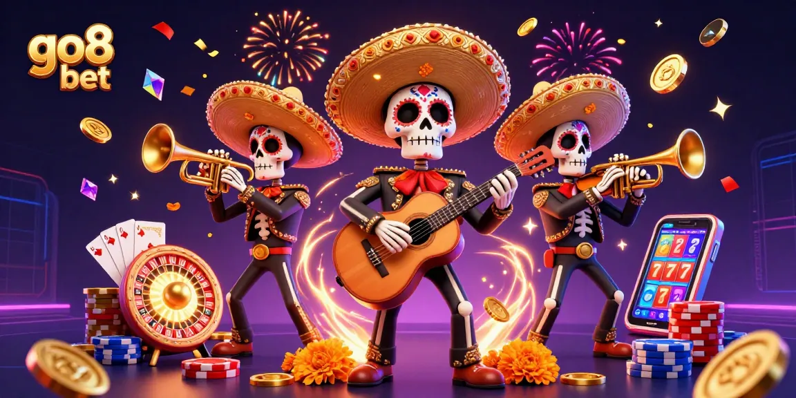 Experience thrilling wins with go8 bet in a vibrant, festive 3D casino scene featuring mariachi skeletons.