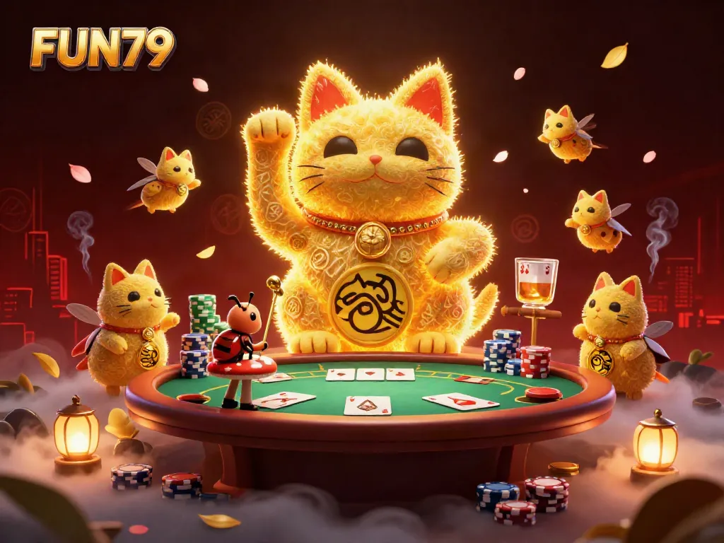 Experience the vibrant energy of FUN79 with a dynamic scene featuring a lucky cat, poker elements, and a lively gambling atmosphere.