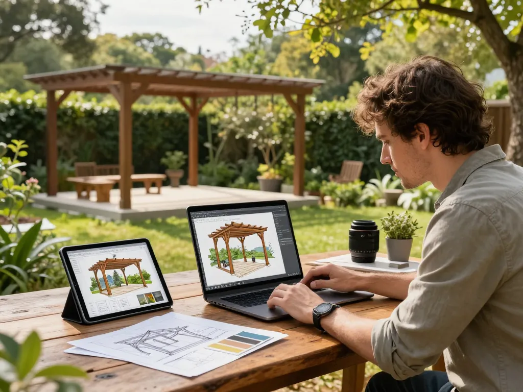 Designer using pergola configurator software outdoors to create custom pergola designs in a lush garden.