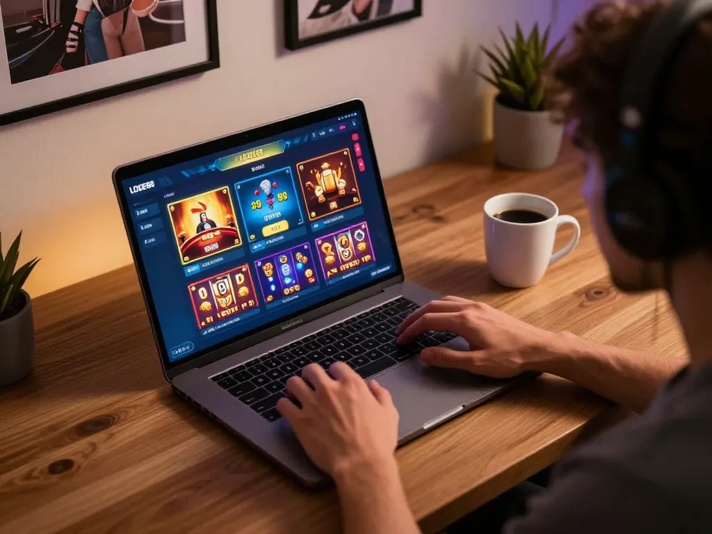 Engaging in LODE88 online gaming with a laptop showcasing poker action and cozy atmosphere.